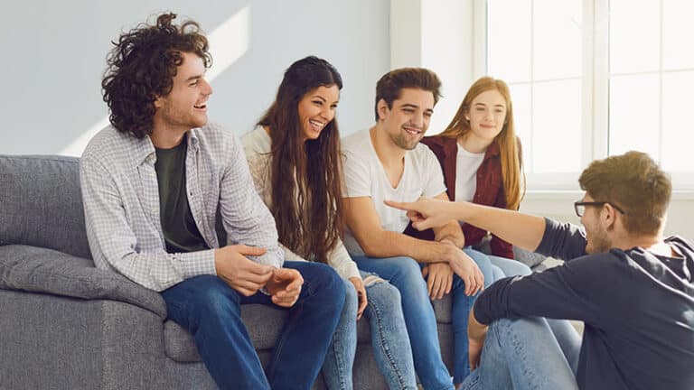 group of friends talking in the room